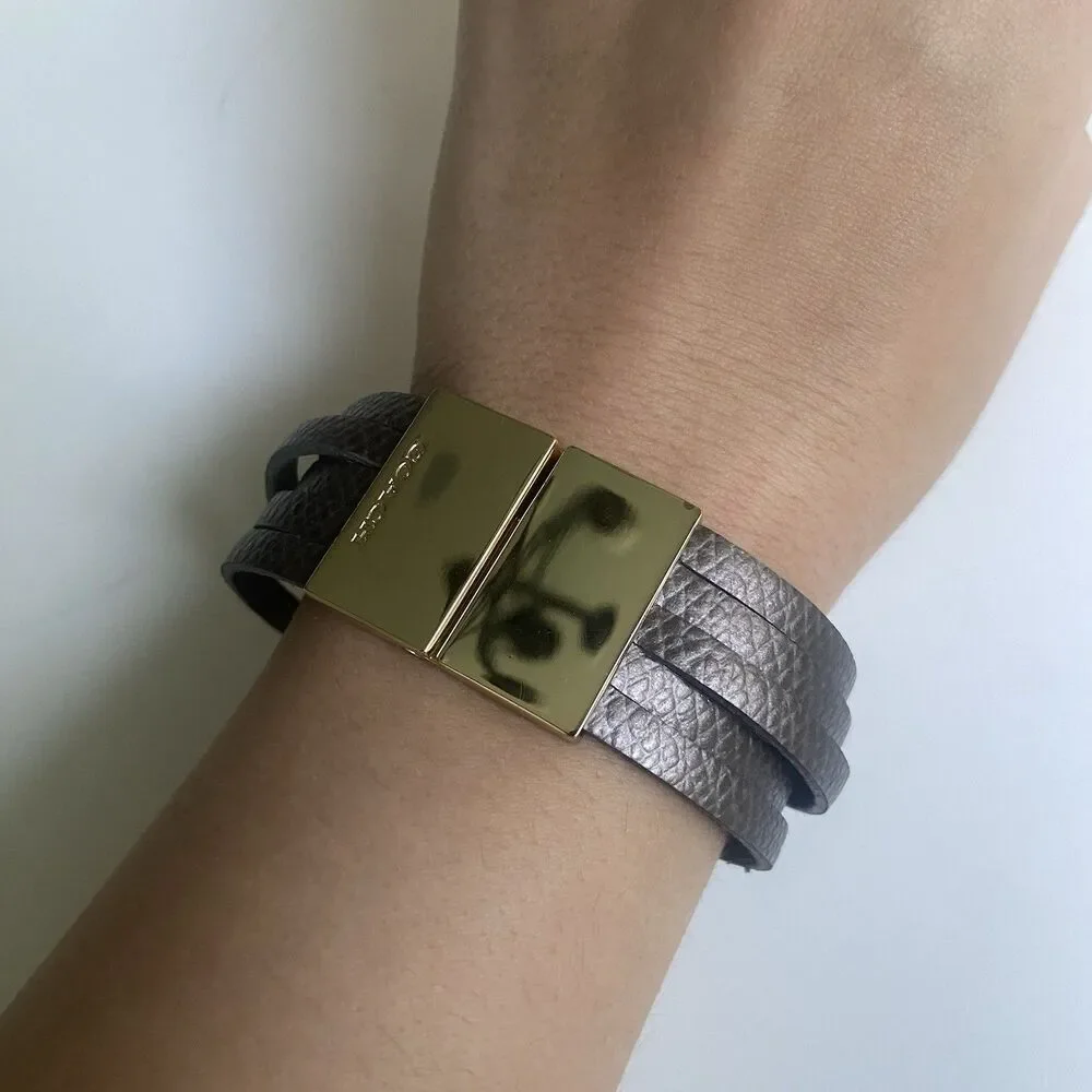 COACH Multi-Wrap Leather Bracelet Snakeskin-Embossed Metallic Gray Gold Hardware